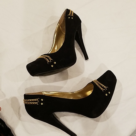 Black suede gold chain heels Shoe dazzle size 10 - Picture 5 of 8